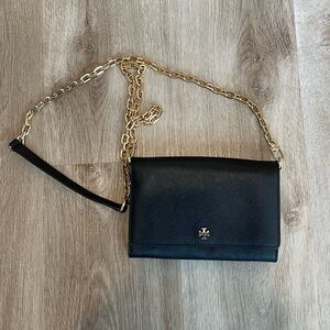 Tory Burch Black Leather Crossbody with Gold Chain Strap